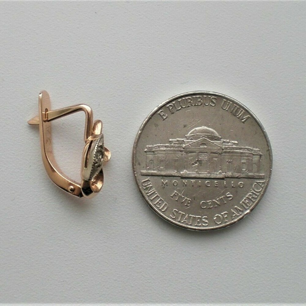 Vintage Soviet USSR Solid 14K 583 Rose Pink White Gold Diamond Pierced Earrings - Picture 5 of 6